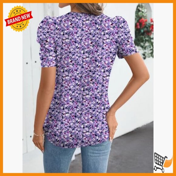 Puff Sleeve V-Neck Blouse, Loose Fit Summer Top, Polyester Blend - Picture 4 of 7